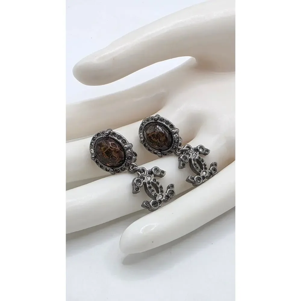 Chanel Resin Strass Silver-tone Interlocking CC Clip On Drop Earrings